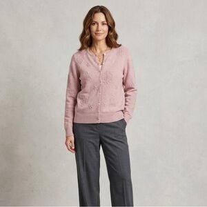 Eddie Bauer 100% Lambswool Pink Embroidered Cardigan | Size Medium